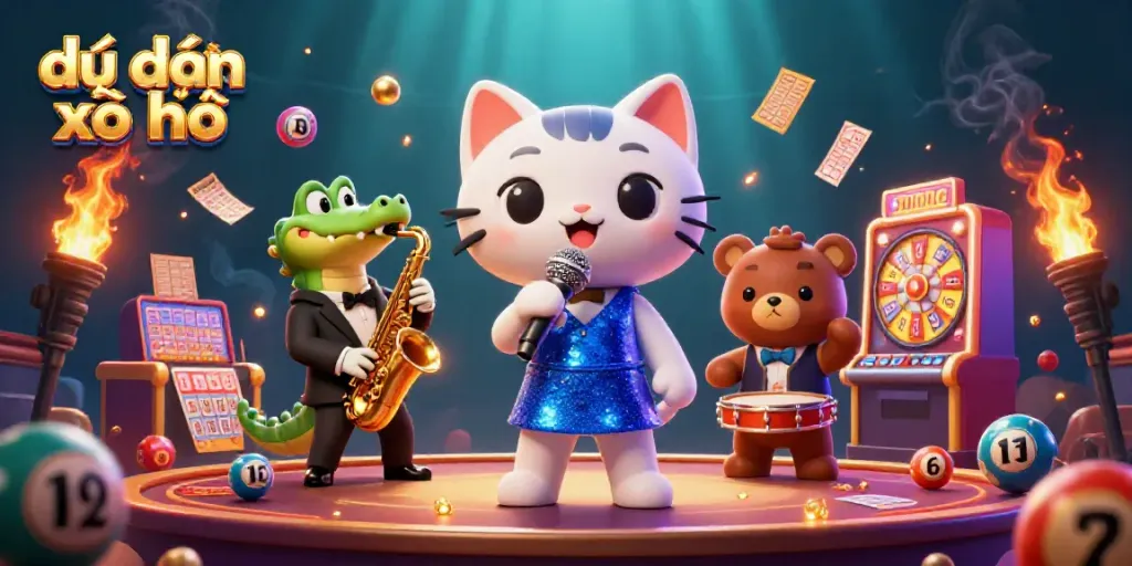Engaging scene showcasing dự đoán xổ số with a jazz-singer cat, a saxophonist crocodile, and a drummer bear cub.
