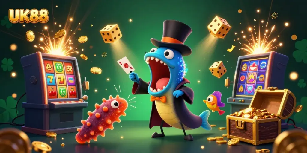 Experience thrilling card tricks with UK88's bioluminescent eel magician amidst a jackpot explosion.