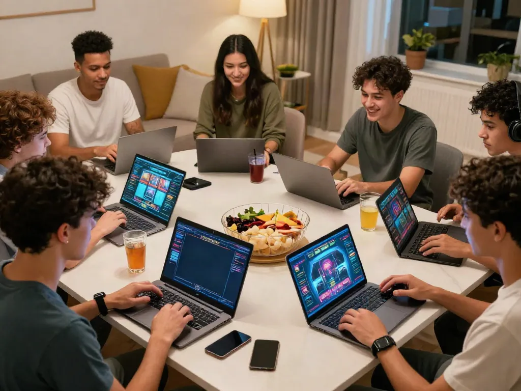 Engaged players enjoying sun win games on laptops and mobile devices in a lively home setting.