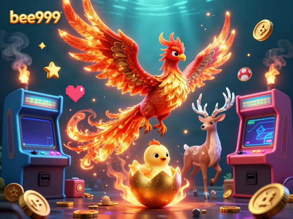 Experience thrilling gaming adventures with bee999, featuring vibrant casino elements and a mystical phoenix.