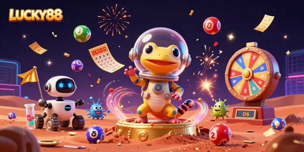 Engage with LUCKY88’s thrilling casino atmosphere featuring Martian characters amidst vibrant gambling elements.