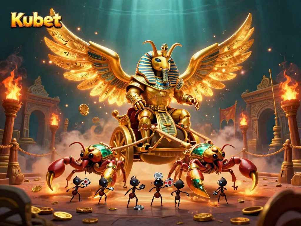 Kubet casino scene featuring a golden scarab and scorpions illustrating vibrant gambling excitement.
