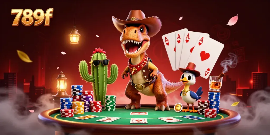 Experience thrilling casino action with 789f as a cowboy T-Rex plays poker in a vibrant setting.