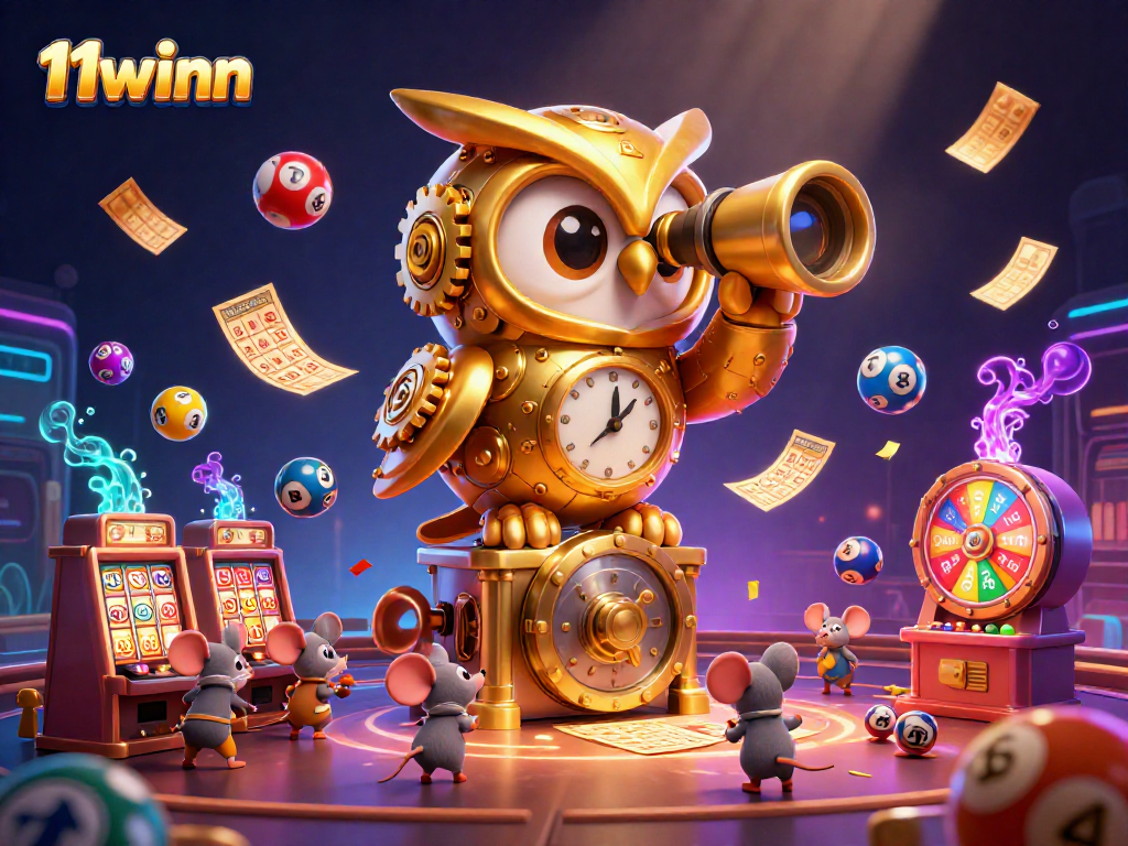 Experience the excitement of 11winn as golden tickets and lottery balls scatter across a vibrant casino scene.