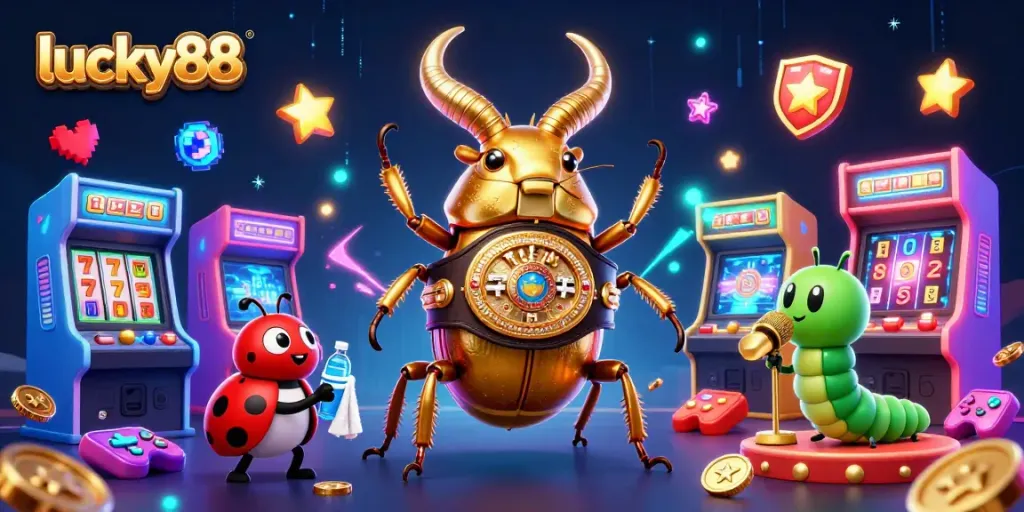Experience exciting gameplay with lucky88’s vibrant casino-themed illustration, featuring a golden beetle and game elements.