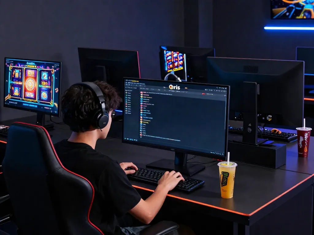 Gamer engaging with online slot games using slot qris payment method in an immersive setup.