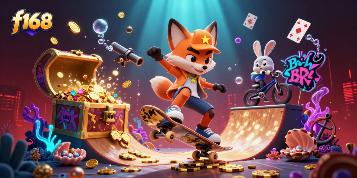 Experience thrilling gaming with f168 as a skateboarder fox and BMX rabbit showcase amazing tricks amidst vibrant casino graphics.