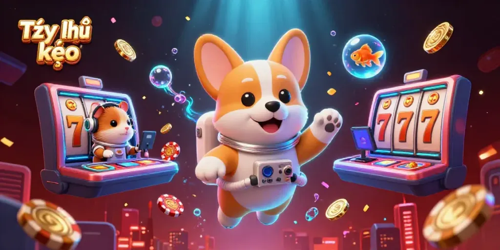 Engaging scene from Tỷ lệ kèo featuring an astronaut corgi in a space casino surrounded by floating slot reels and casino elements.