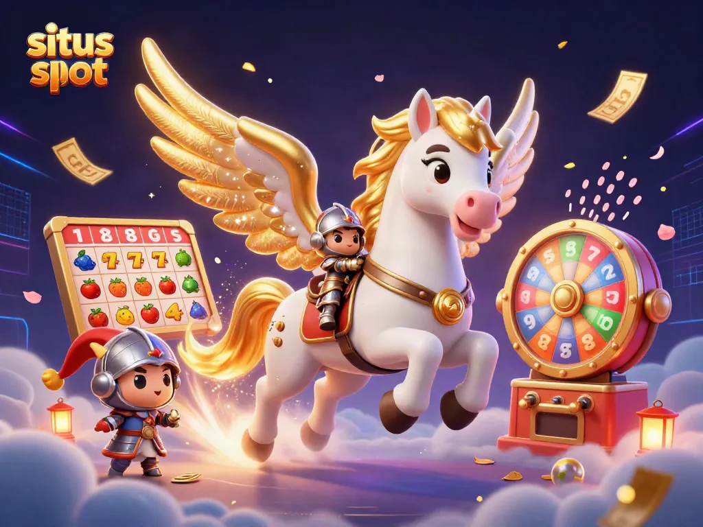 Situs slot menghadirkan momen seru dalam ilustrasi 3D, dengan elemen permainan mengelilingi karakter menggemaskan dan kuda celestial.