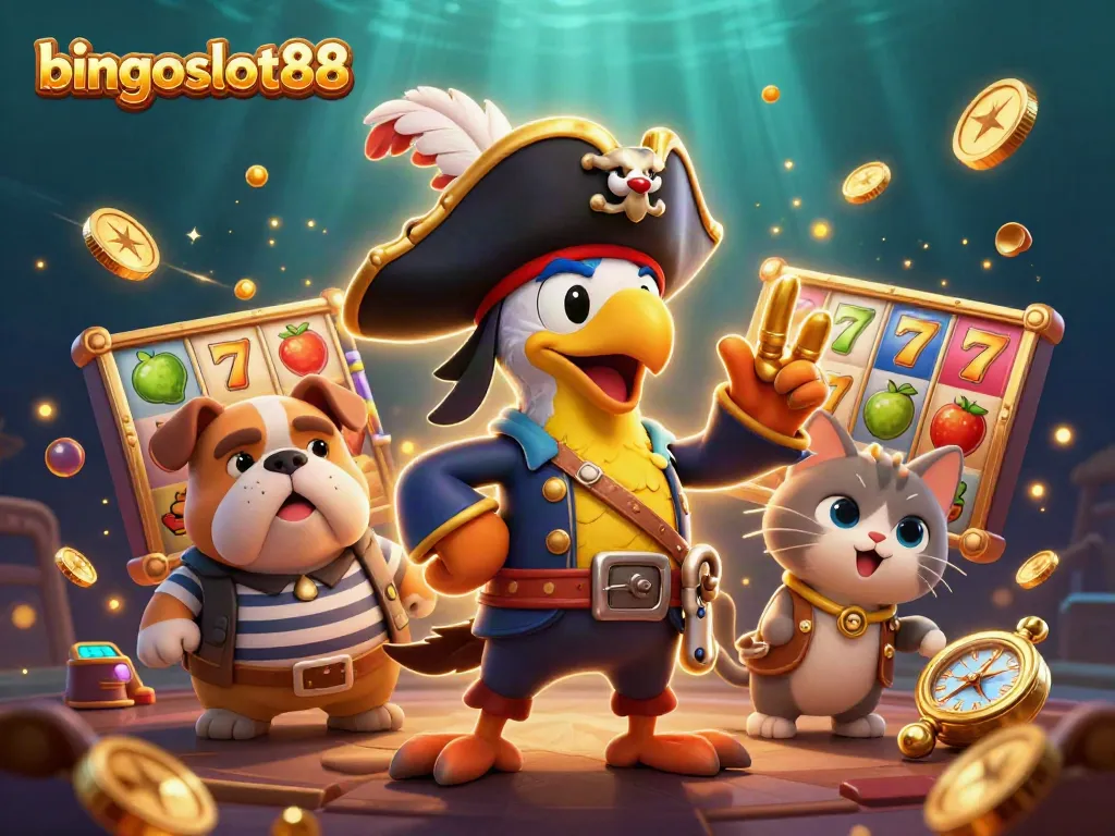 Gambarkan pengalaman menang di bingoslot88 dengan karakter piraat dan elemen slot yang dinamis.