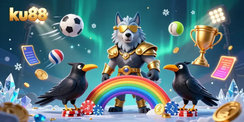 Engage with ku88's thrilling casino adventure through a Norse mythology-inspired illustration.