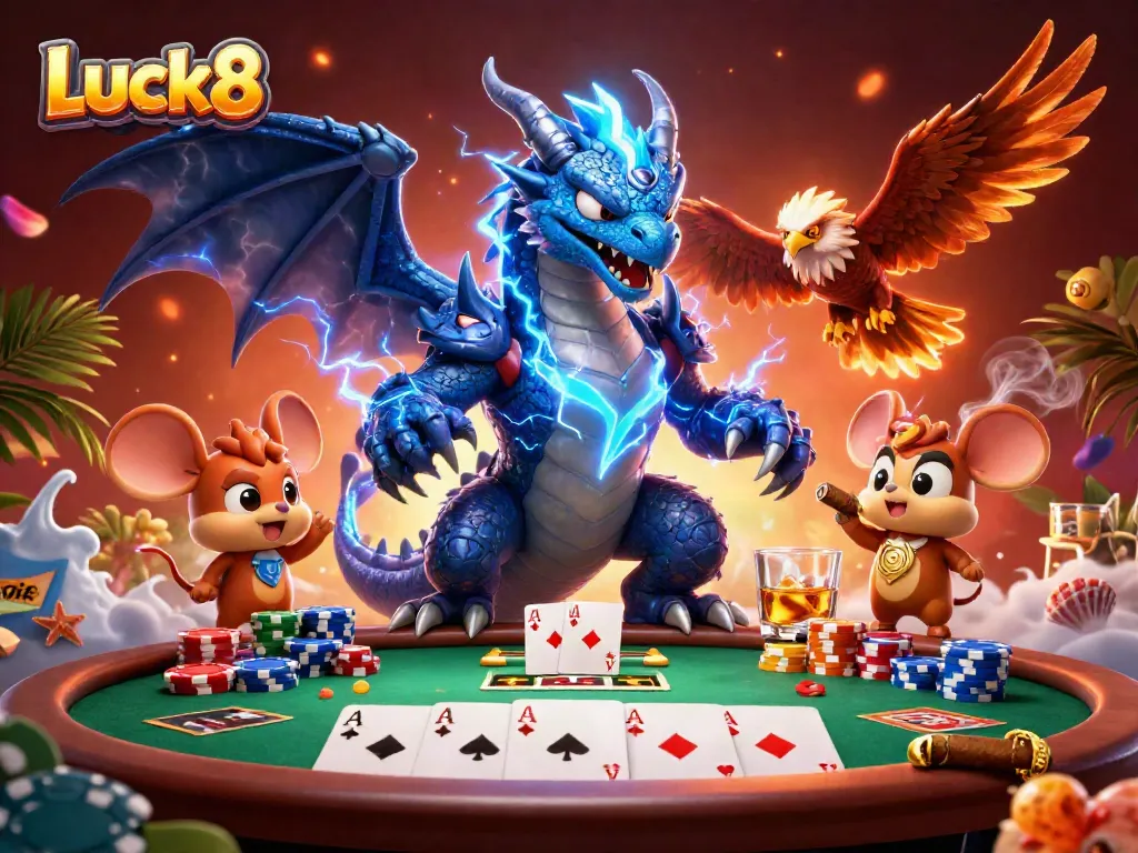Experience the thrilling atmosphere of Luck8's exciting gaming with dynamic characters and poker elements.