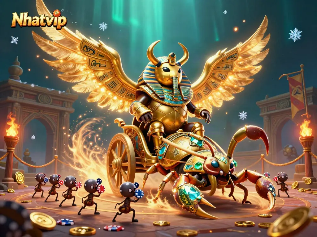 Engage with Nhatvip's vibrant 3D casino adventure featuring a golden scarab and gaming elements.