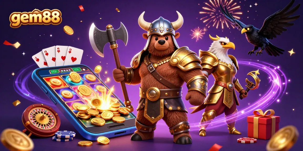 Experience thrilling gaming action with gem88 in a vibrant 3D casino illustration, showcasing epic characters and game elements.