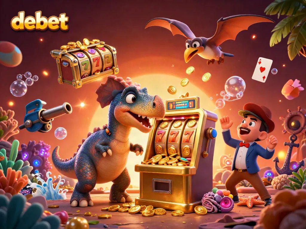 Experience the thrill of debet as a cartoon pachycephalosaurus hits a jackpot while coins rain down in a vibrant casino.