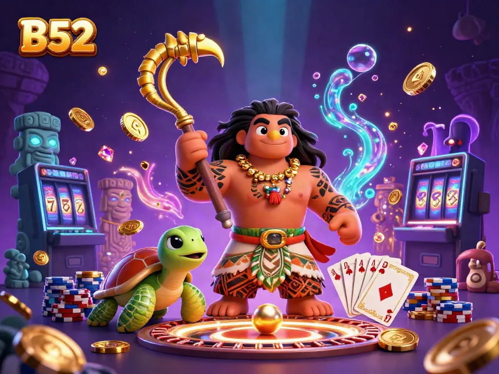 B52 gaming experience featuring a Maui-style demigod and colorful casino elements.