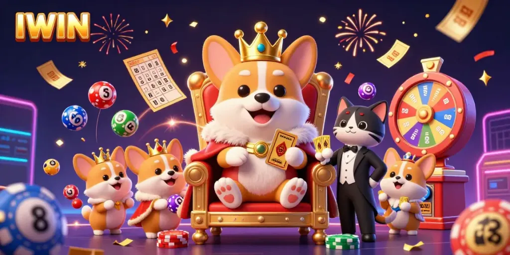 Experience the thrill of IWIN with a lively scene of a royal corgi and characters surrounded by vibrant casino elements.
