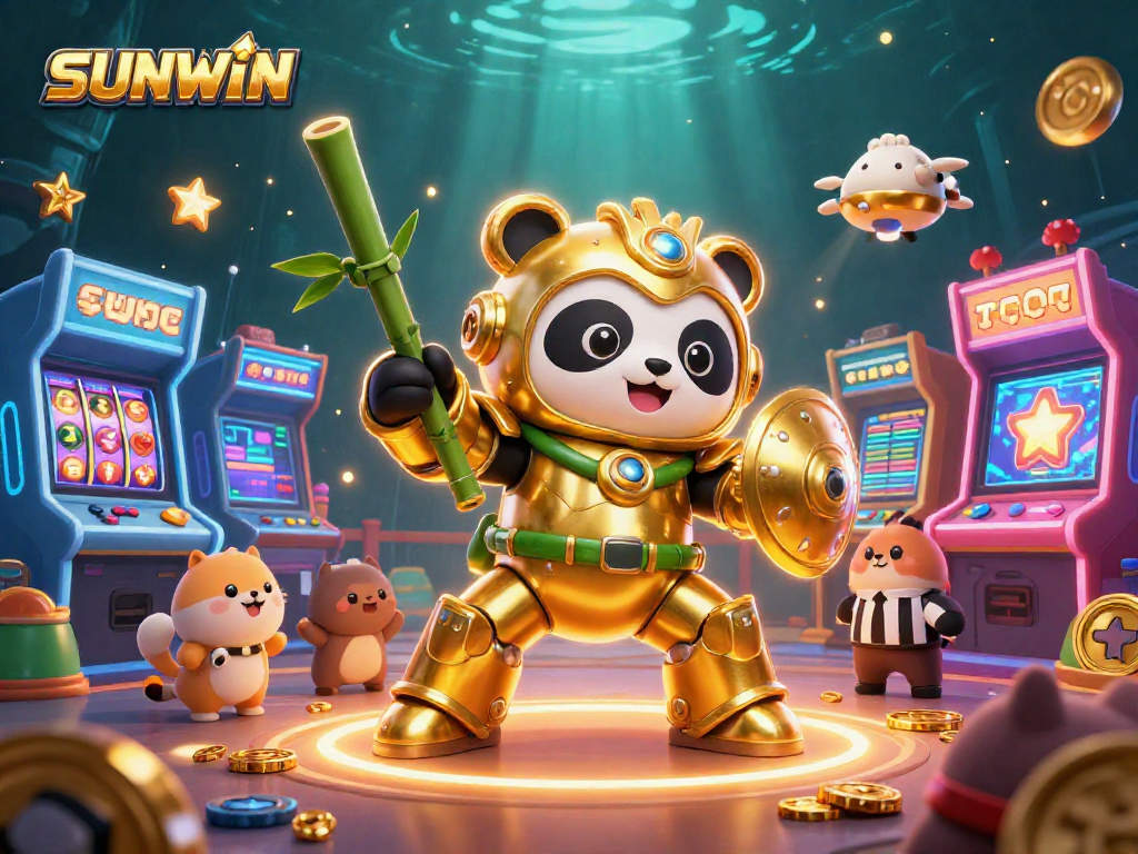 SUNWIN showcases a vibrant casino scene with a golden panda in a mech-suit amidst slot reels and cheering animals.