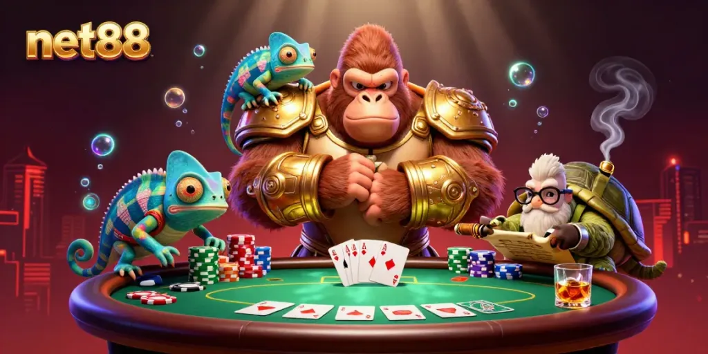 Experience thrilling gameplay with net88, featuring a gorilla king, chameleon, and tortoise amongst poker elements in vibrant detail.