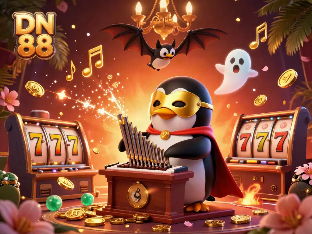 Experience the excitement of DN 88 with a whimsical casino-themed 3D illustration featuring a penguin and golden coins.