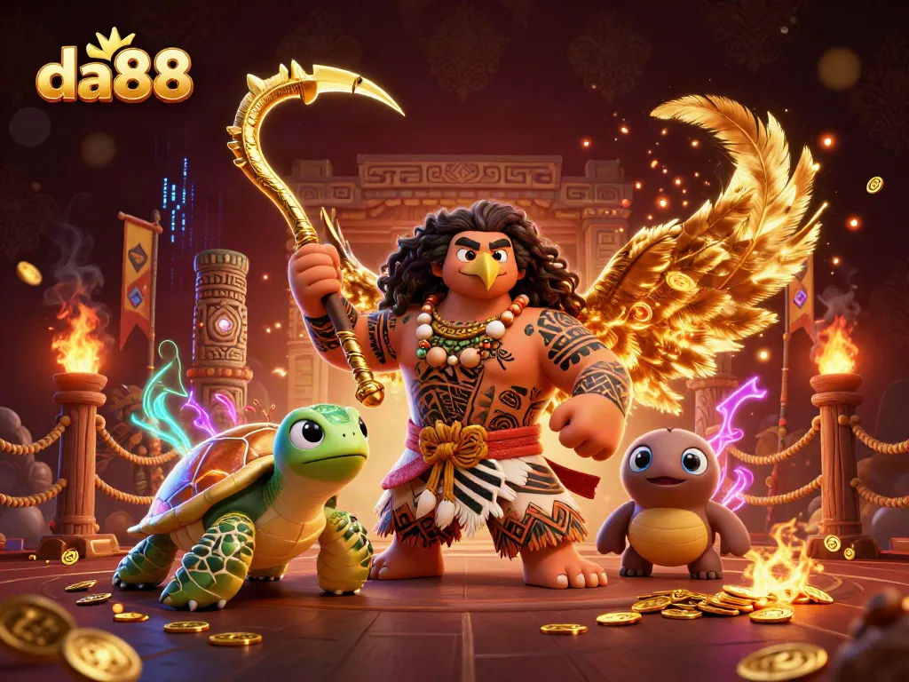 Engage with diverse games at da88, featuring a dynamic hawk, turtle, and colorful casino elements.