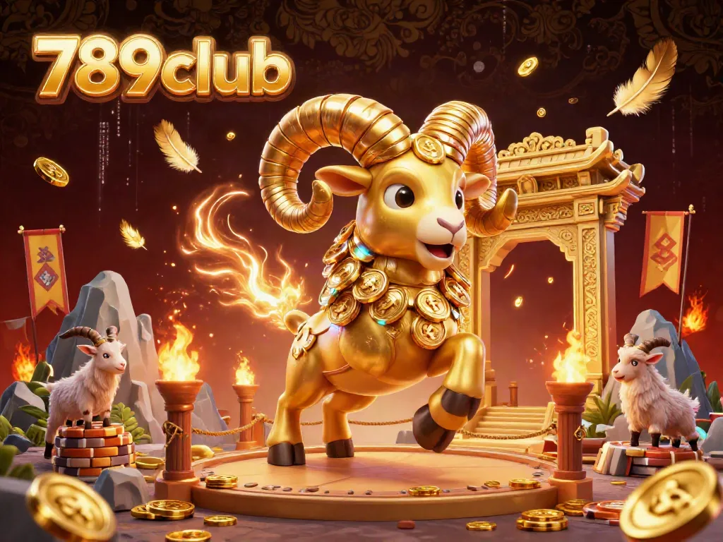 Engage with the thrilling experience of 789club in a dynamic 3D casino illustration showcasing a golden ram charging through a vibrant gambling scene.