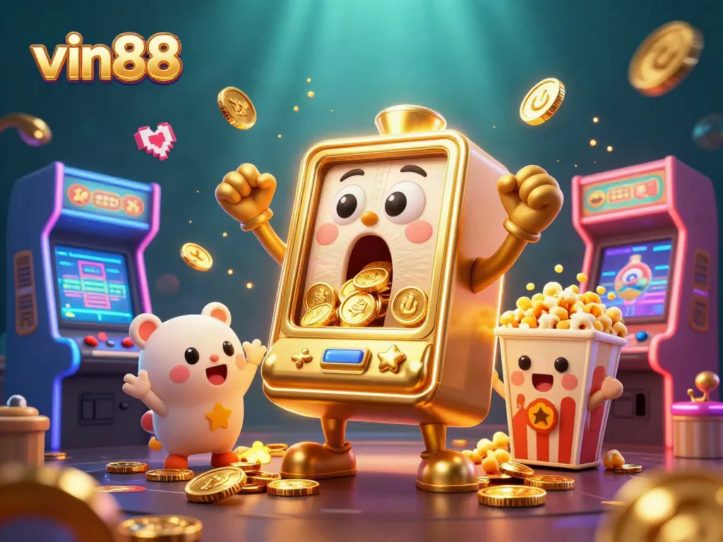 Spin and win big with vin88's golden slot machine and cheering baby slots in an exciting casino scene.
