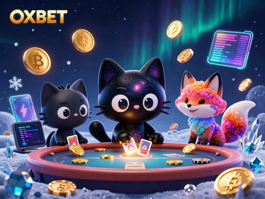 Play games at OXBET, featuring a black hole cat and nebula fox at a cosmic casino table.