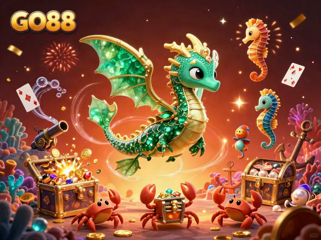 Engage with GO88's vibrant gaming scene featuring an emerald dragon, seahorse guards, and treasure chests.