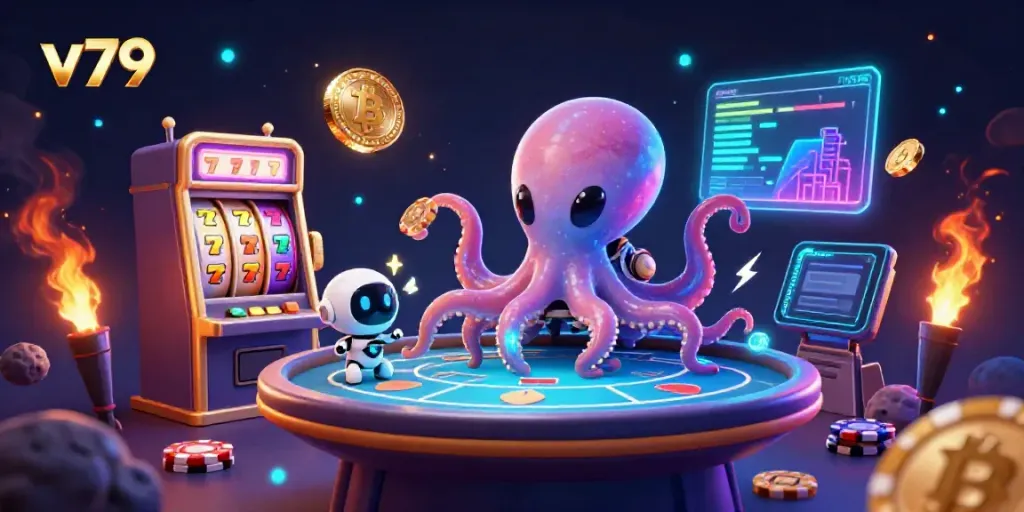 Experience v79 with an exciting alien casino scene featuring an octopus at a poker table surrounded by vibrant, themed elements.