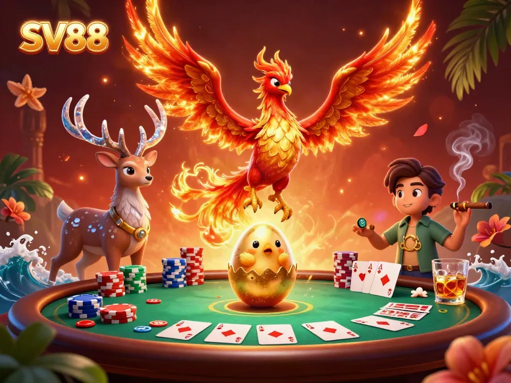 Engaging SV88 gaming scene with phoenix characters, poker table, and vibrant casino elements