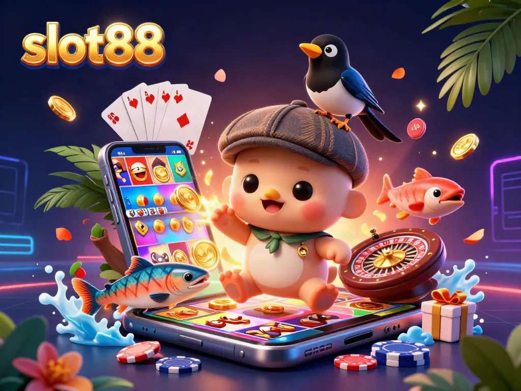 Spin the reels and win with slot88's exciting 3D casino scene featuring colorful slot games and playful characters.