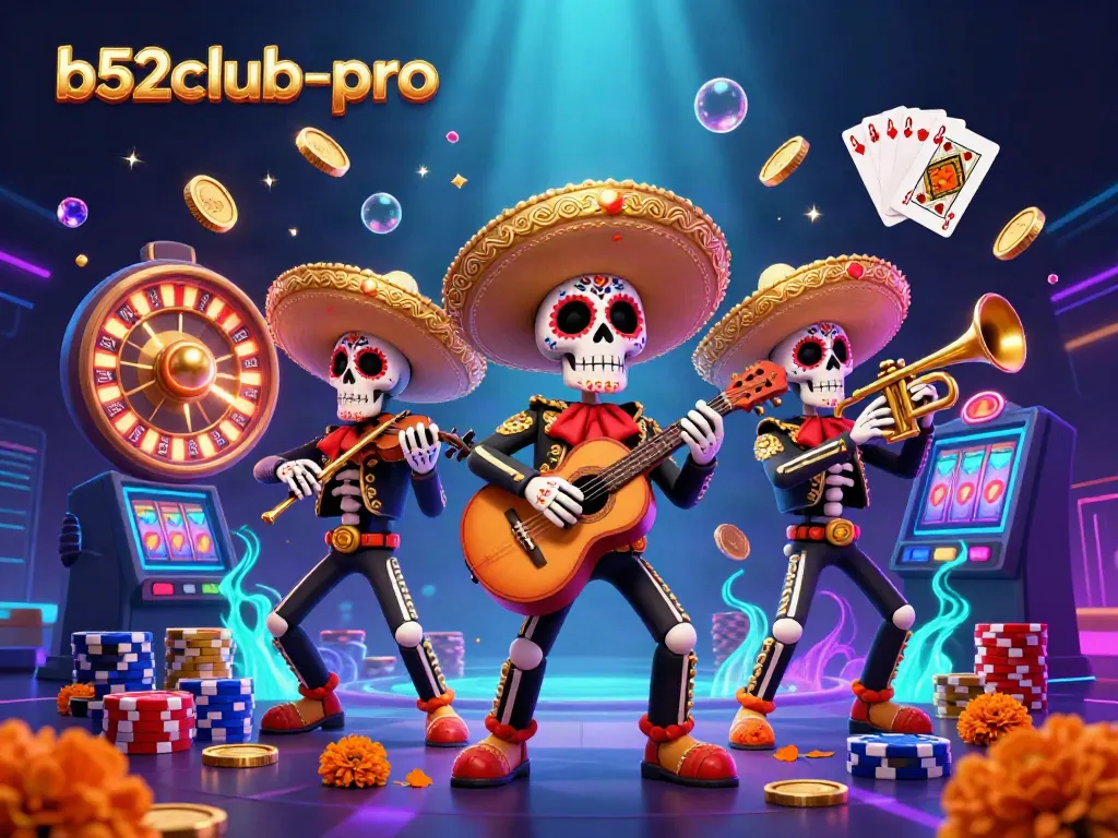 Experience vibrant gaming action with b52club-pro's Dia de los Muertos mariachi-themed casino illustration.