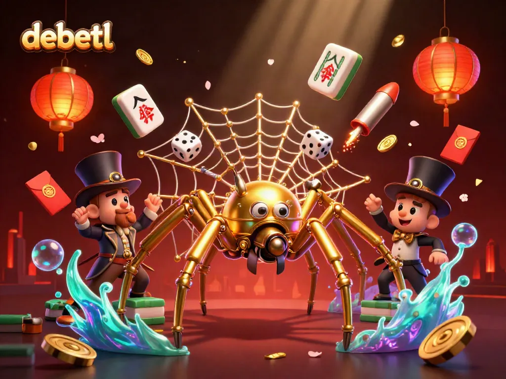 debetl attracts gamblers with a rich 3D illustration showcasing a steampunk spider and lively casino elements.
