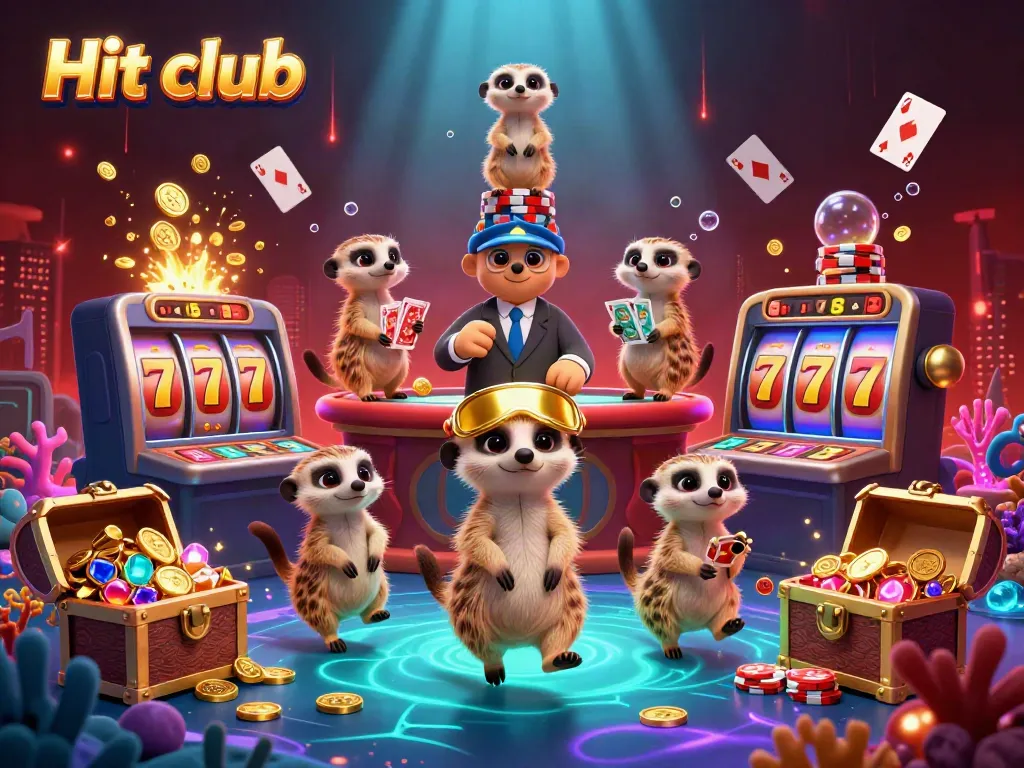 Experience the thrill at Hit club with a lively 3D meerkat casino bustling with games and excitement.