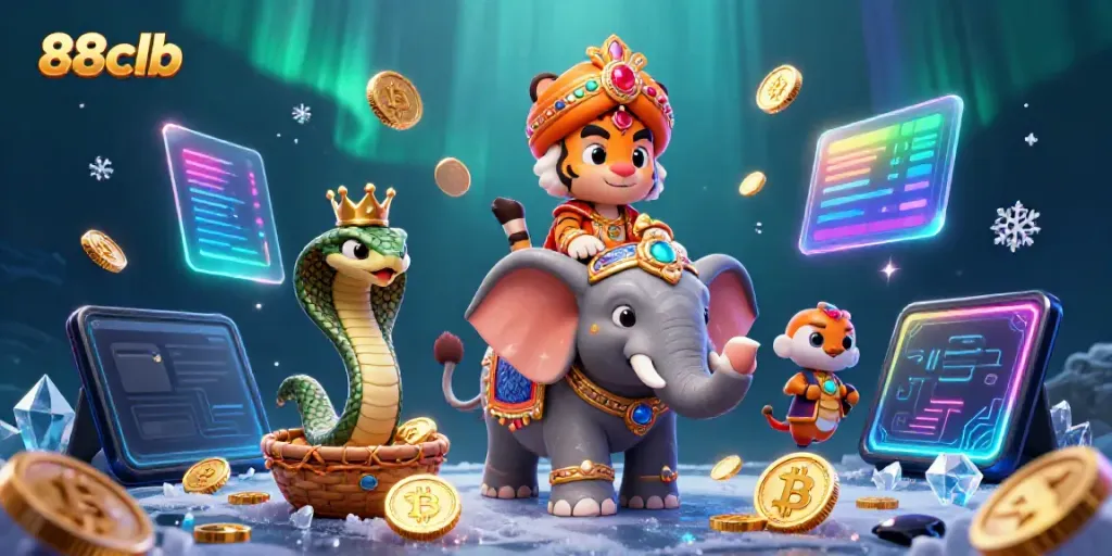 Engage with the immersive 88clb gaming world as the cartoon maharaja and elephant embark on a thrilling adventure.