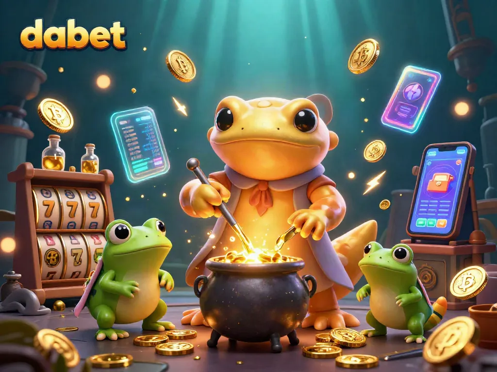 Dabet's vibrant gold rush with a giant salamander alchemist and a frog apprentice, showcasing lively slots and crypto elements.