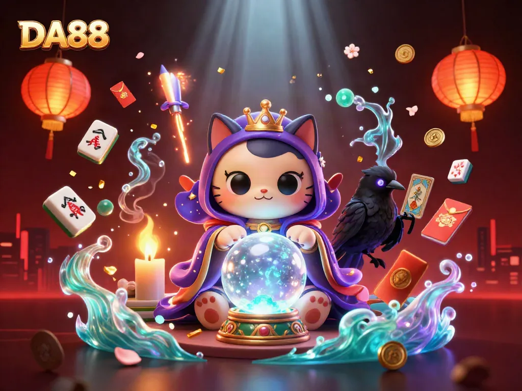 DA88 casino scene featuring a fortune teller cat, raven dealer, and vibrant game elements.