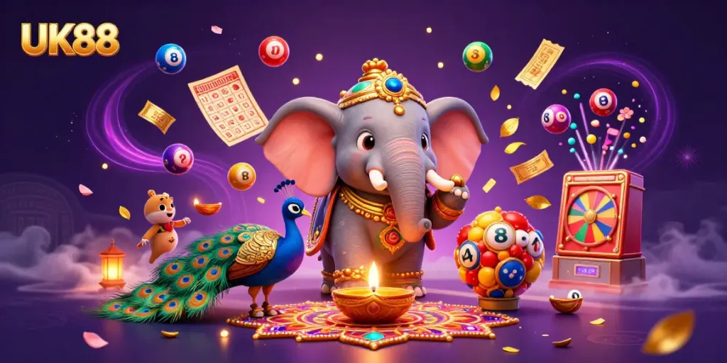 Experience the excitement of UK88 with colorful lottery elements and a festive atmosphere.