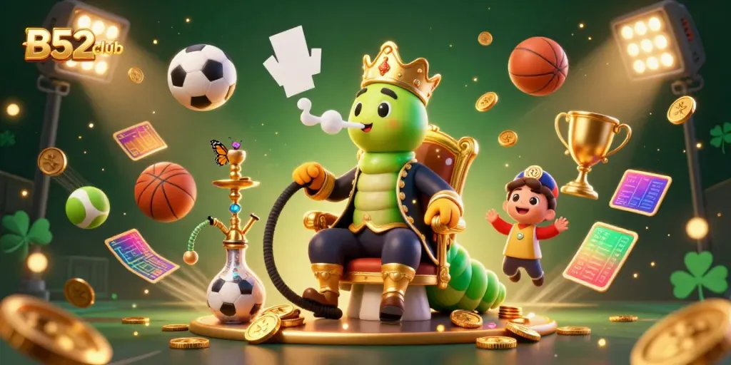 B52club attracts gamblers with a vibrant 3D illustration of a caterpillar and sports elements.