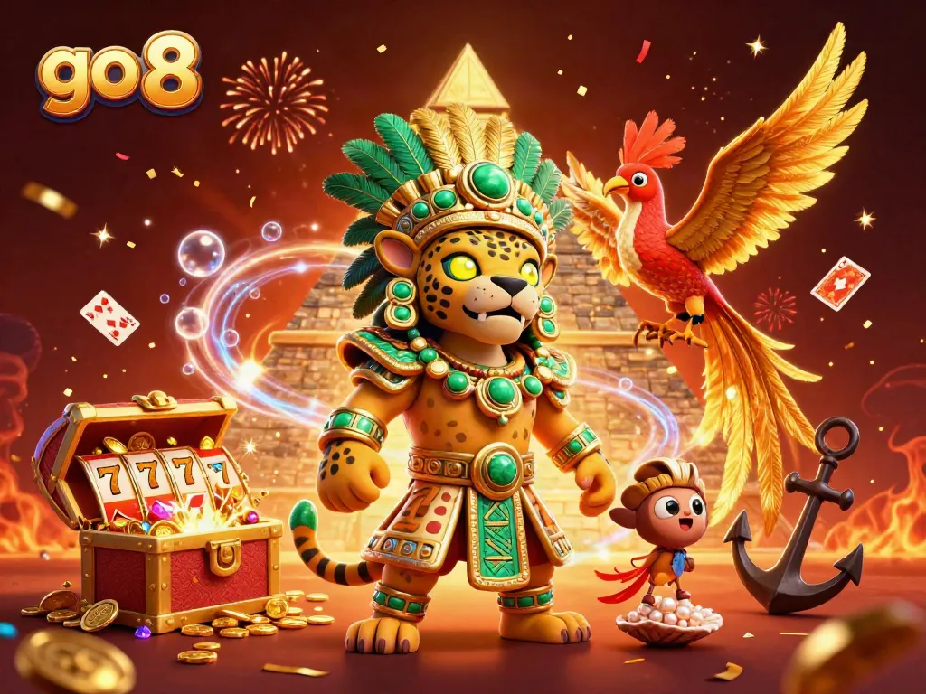 Experience go 8's vibrant casino scene with a Mayan jaguar priest and thrilling slot reels.