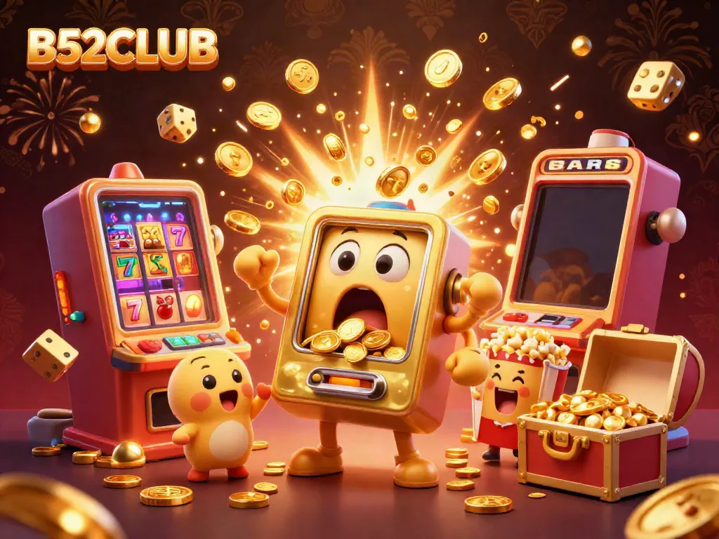 B52CLUB showcases an exciting jackpot scene with a golden slot machine celebrating its win amidst coins.