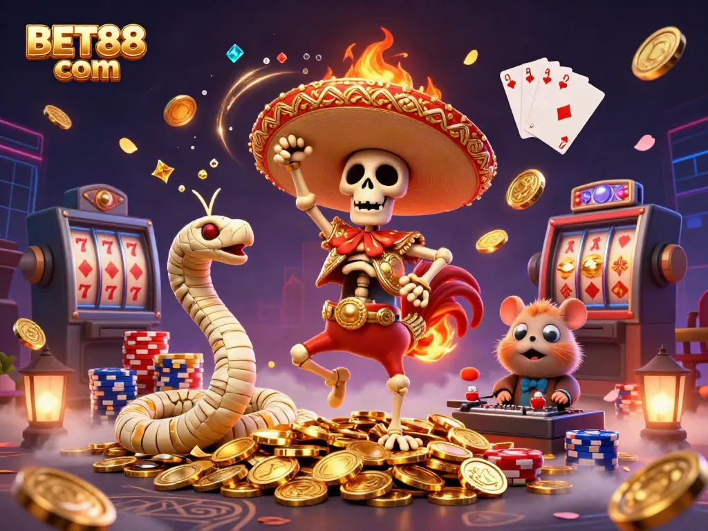 Engage with BET88 com in this vibrant 3D casino scene featuring festive characters celebrating on a pile of golden coins.