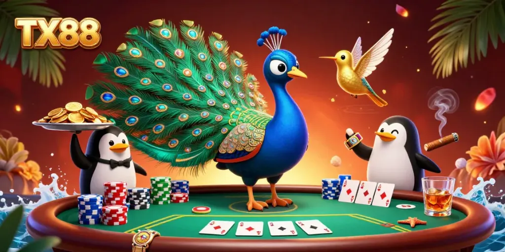 Engage with TX88's dynamic casino scene featuring vibrant poker action and unique characters.