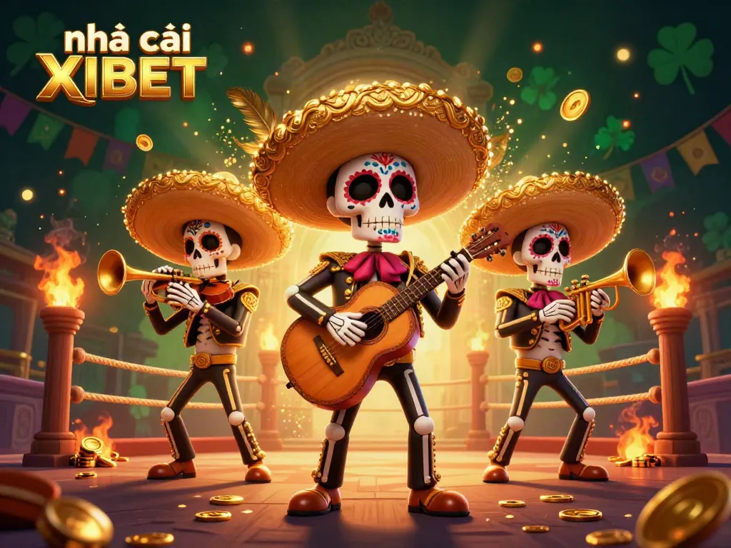 Join the fun at nhà cái XIBET with this vibrant illustration featuring a mariachi band amidst a thrilling casino atmosphere.