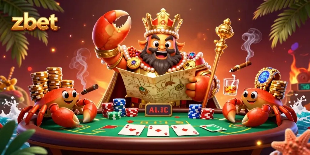 ZBET showcases an engaging scene with a golden crab emperor amidst colorful poker elements, symbolizing exciting gambling moments.