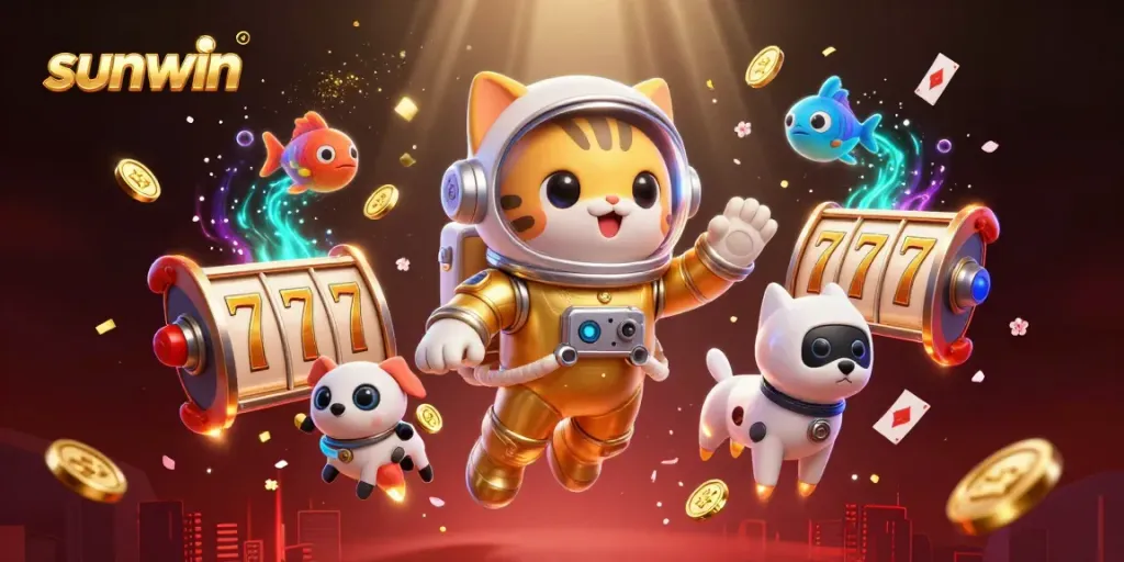 Join the fun at sunwin with a vibrant 3D slot scene featuring animated characters and casino elements.