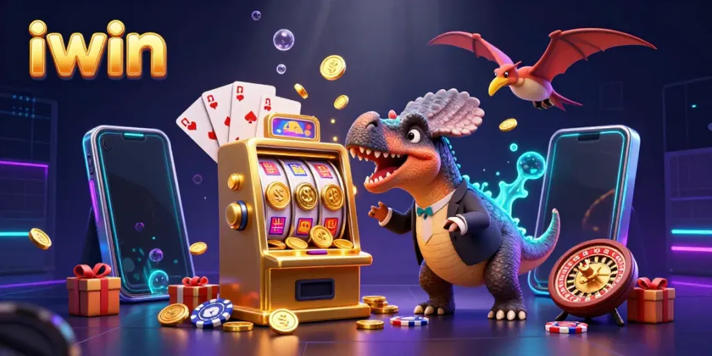 Catch big jackpots with iwin as a dinosaur heads for gold coins pouring from a slot machine.
