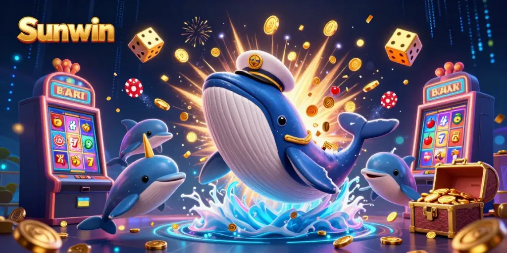 Join the vibrant world of Sunwin as a giant whale plays amidst a jackpot explosion of casino elements.
