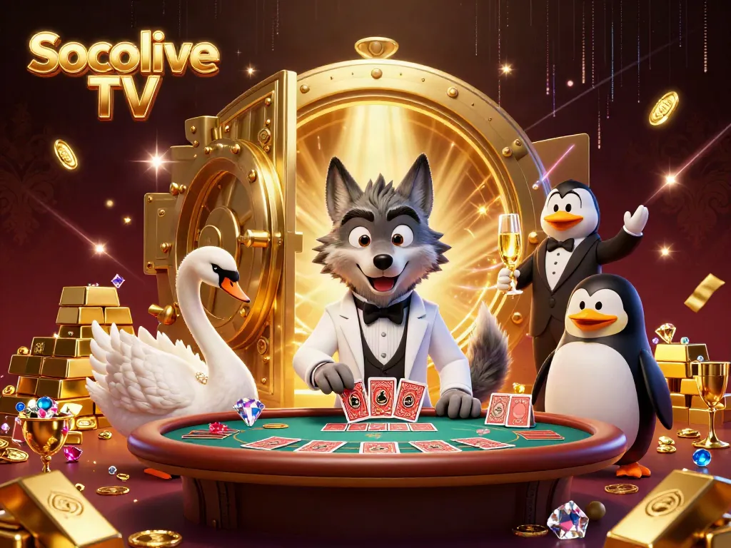 Experience Socolive TV with vibrant 3D characters and golden treasures in an engaging casino setting.